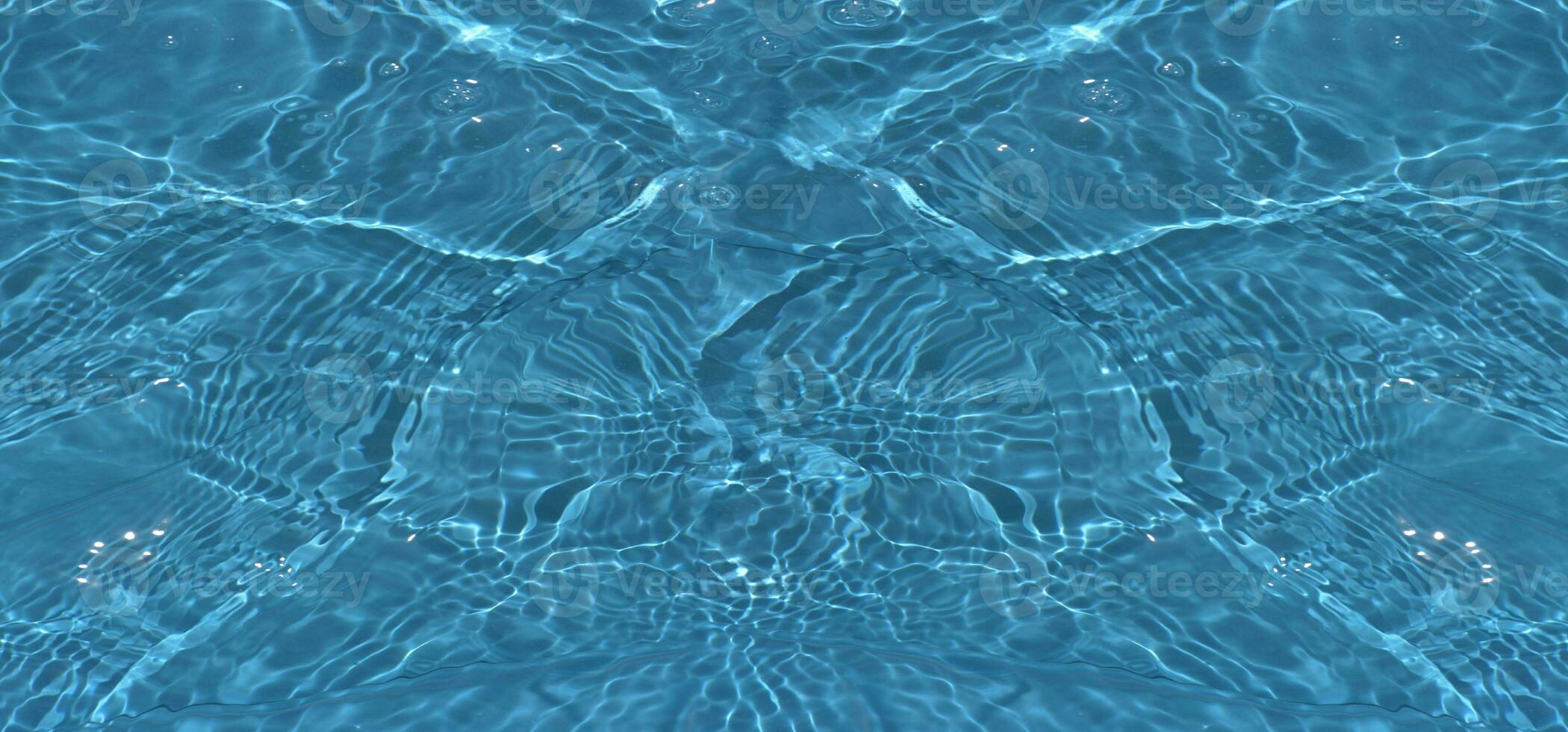 Defocus blurred transparent blue colored clear calm water surface texture with splashes reflection. Trendy abstract nature background. Water waves in sunlight with copy space. Blue watercolor shine. photo