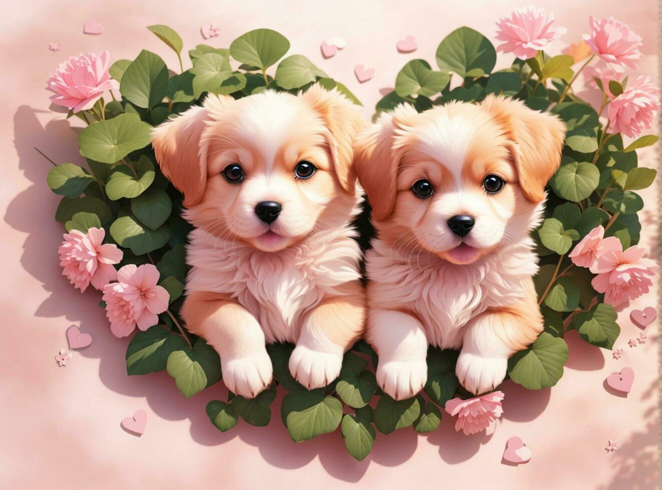 Two cute puppies on heart shaped flowers photo