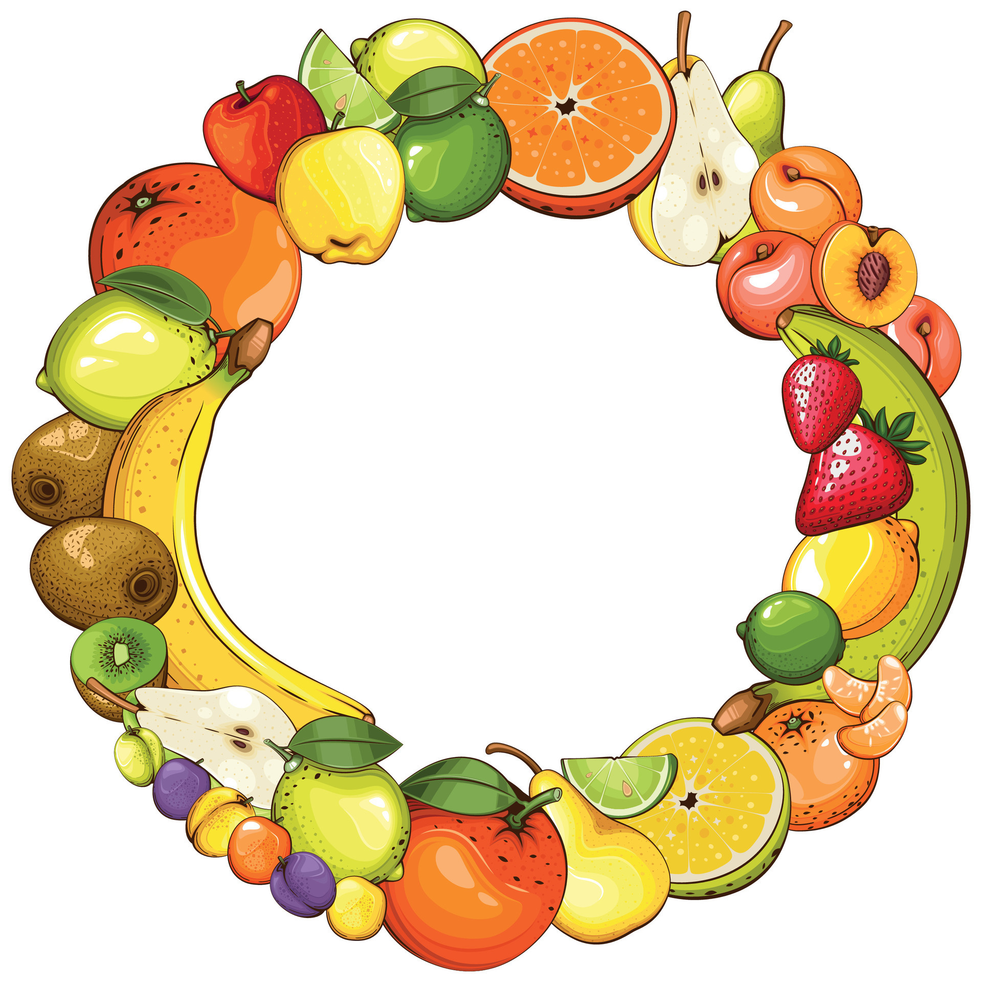 Fruits frame on white background. Colorful frame with Fruits Illustration, Fruits Mix. Fruit