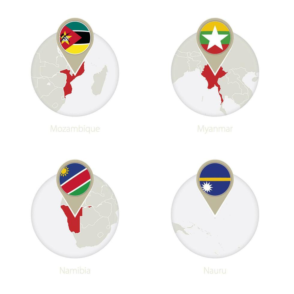 Mozambique, Myanmar, Namibia, Nauru map and flag in circle. vector