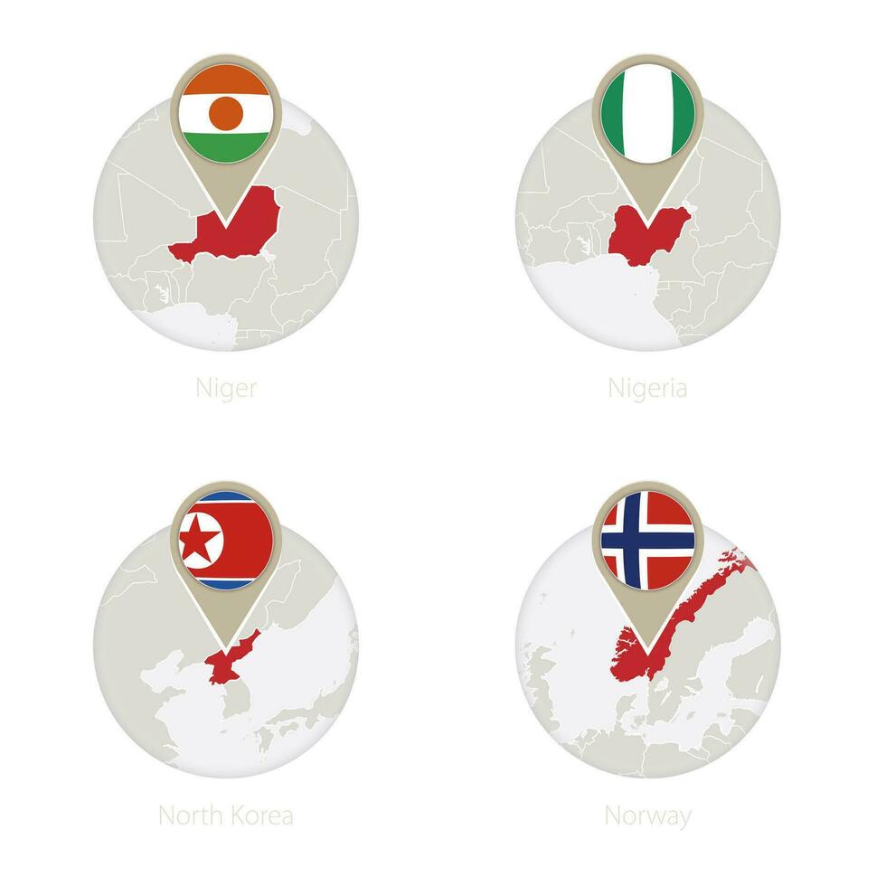 Niger, Nigeria, North Korea, Norway map and flag in circle. vector