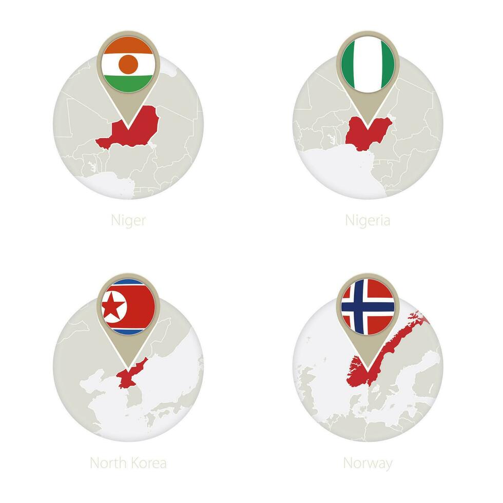 Níger, Nigeria, norte Corea, Noruega mapa y bandera en círculo. vector