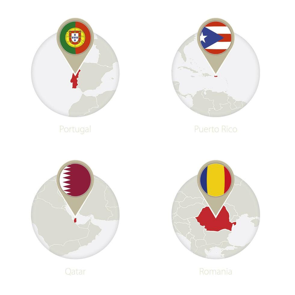 Portugal, Puerto Rico, Qatar, Romania map and flag in circle. vector
