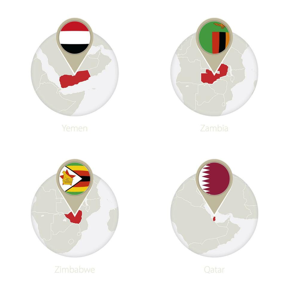 Yemen, Zambia, Zimbabwe, Qatar map and flag in circle. vector