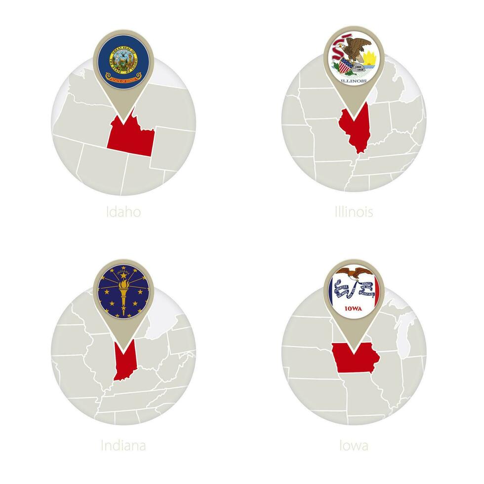 nosotros estados Idaho, Illinois, Indiana, Iowa mapa y bandera en círculo. vector