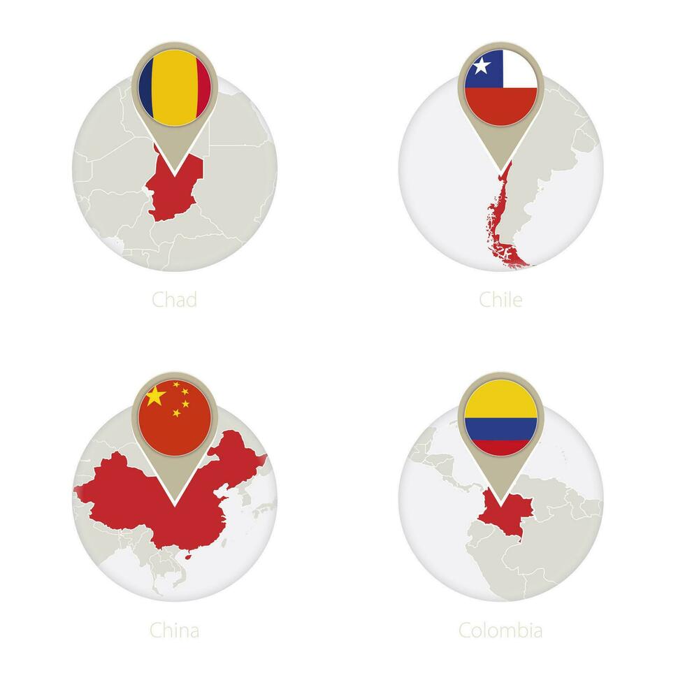 Chad, Chile, porcelana, Colombia mapa y bandera en círculo. vector