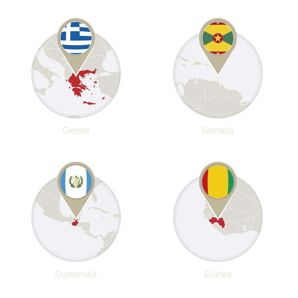 Grecia, Granada, Guatemala, Guinea mapa y bandera en círculo. vector