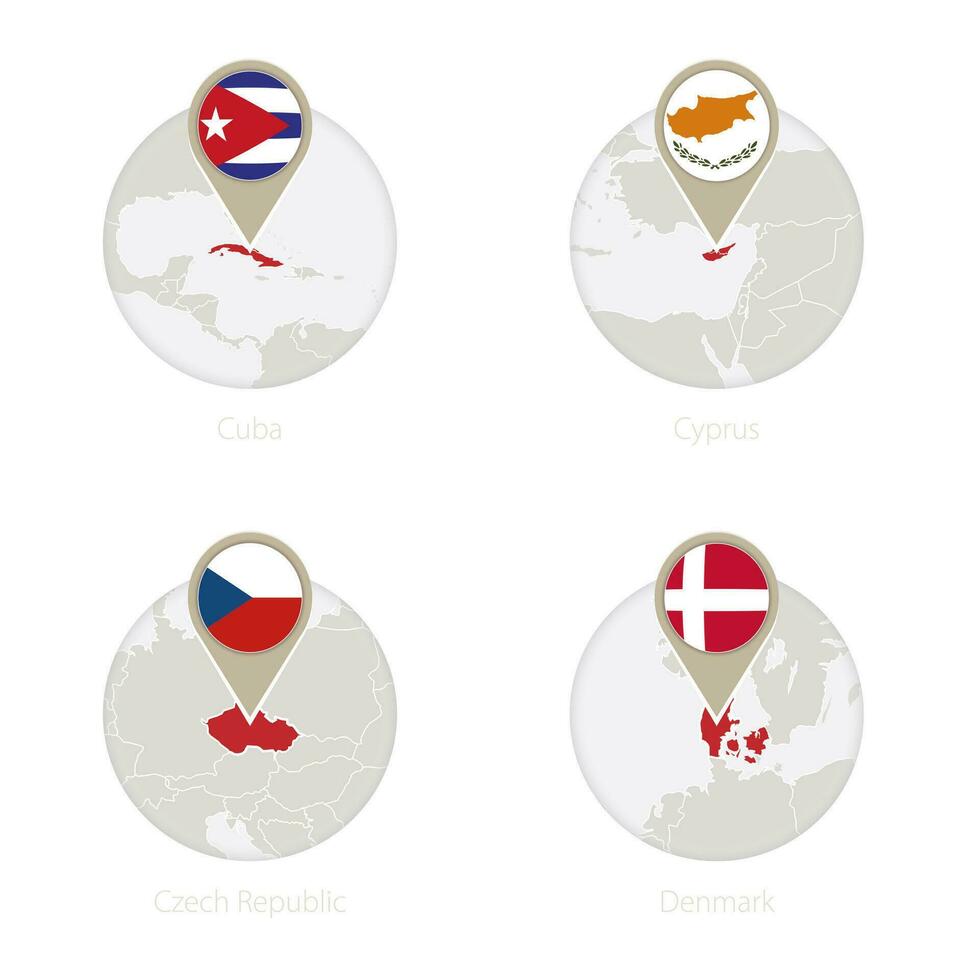 Cuba, Cyprus, Czech Republic, Denmark map and flag in circle. vector