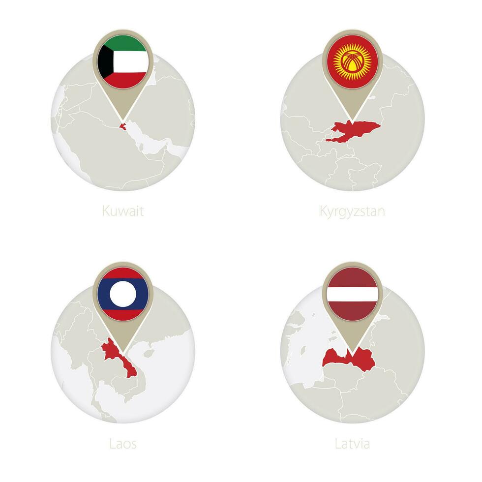 Kuwait, Kyrgyzstan, Laos, Latvia map and flag in circle. vector