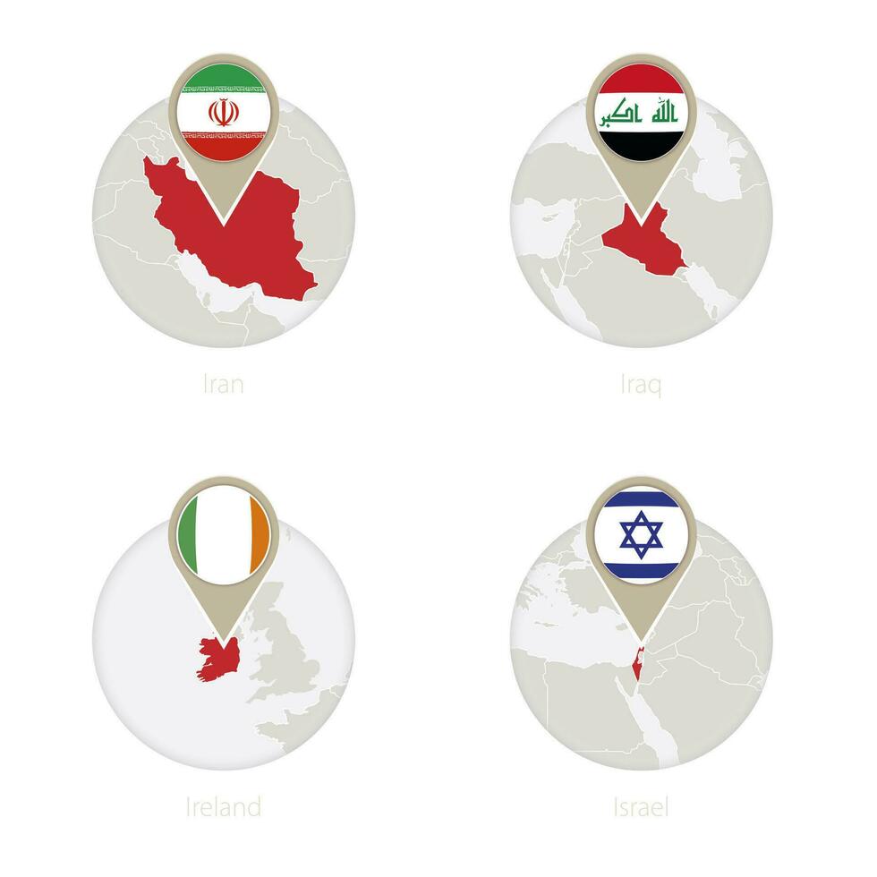 irán, Irak, Irlanda, Israel mapa y bandera en círculo. vector