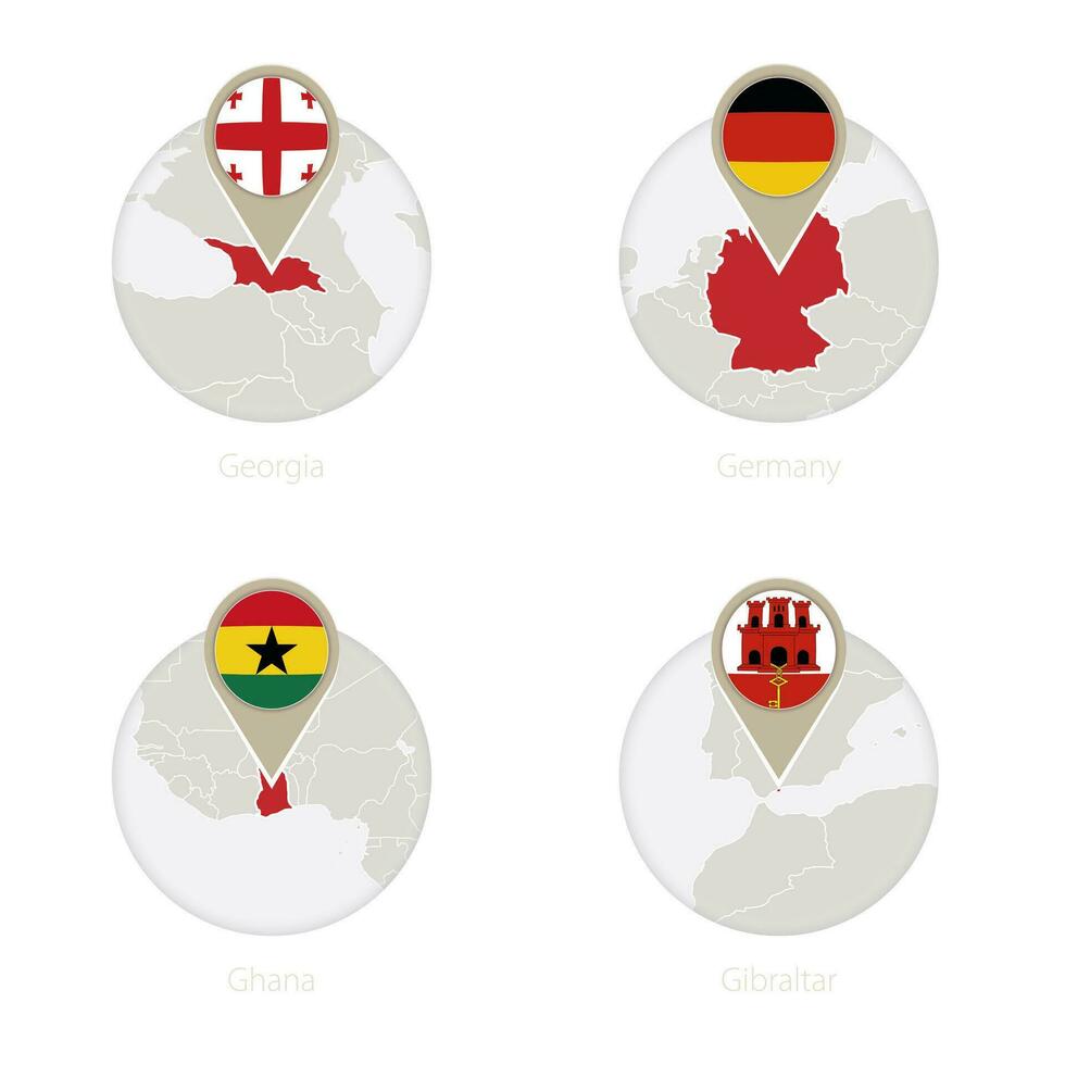 Georgia, Alemania, Ghana, Gibraltar mapa y bandera en círculo. vector