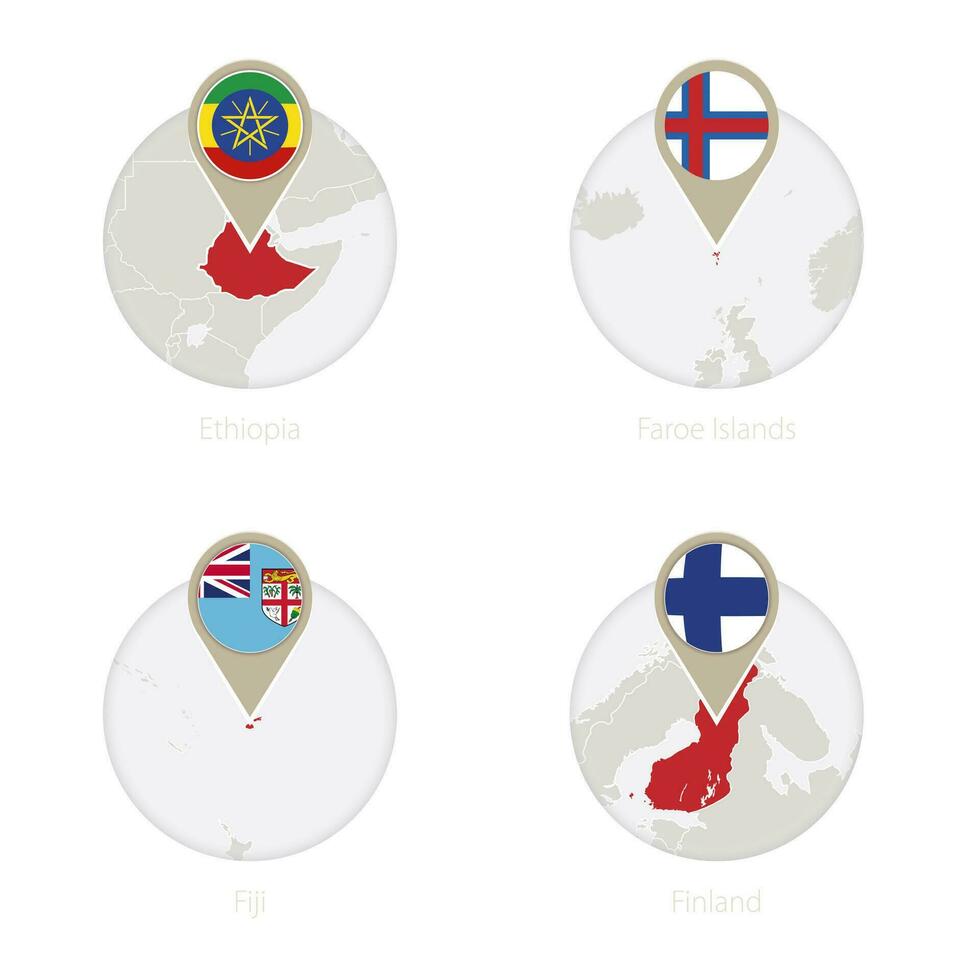 Etiopía, Feroe islas, fiyi, Finlandia mapa y bandera en círculo. vector