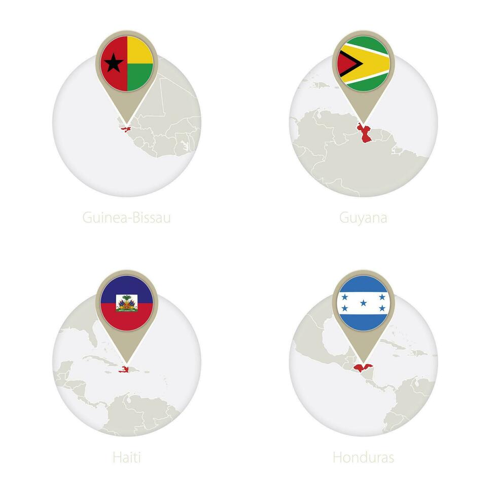 Guinea-Bissau, Guyana, Haiti, Honduras map and flag in circle. vector