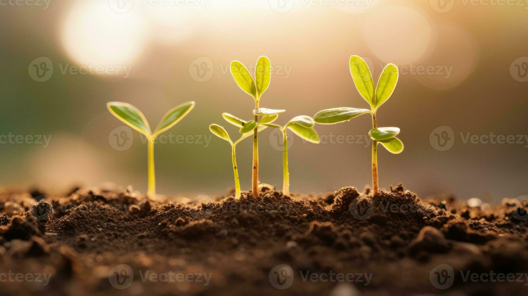Group of New Young Plants Growing In Sunlight, Closeup view. AI Generated photo