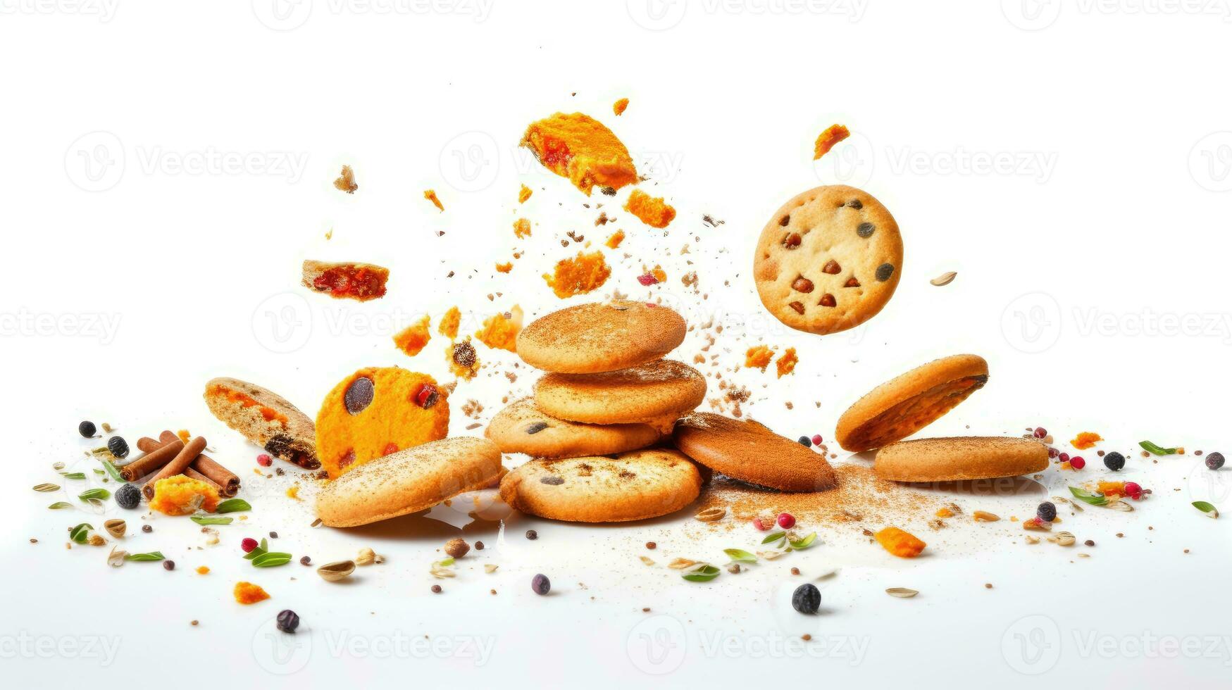 Biscuits crumbled into pieces with crushed spice falling from the air close-up isolated on a white background. AI Generated photo
