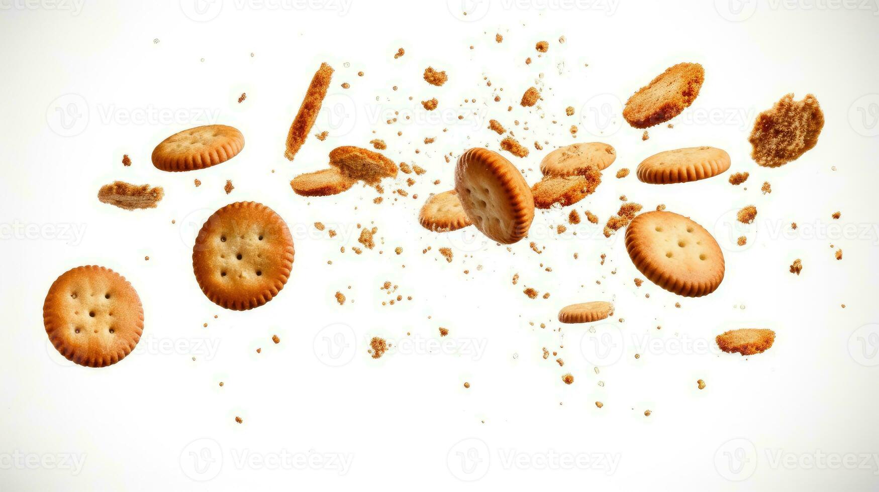 Biscuits crumbled into pieces with crushed spice falling from the air close-up isolated on a white background. AI Generated photo
