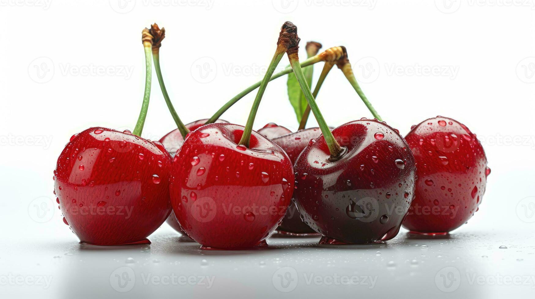 Cherries with water drops on white background. Red juicy cherry set. AI Generated photo