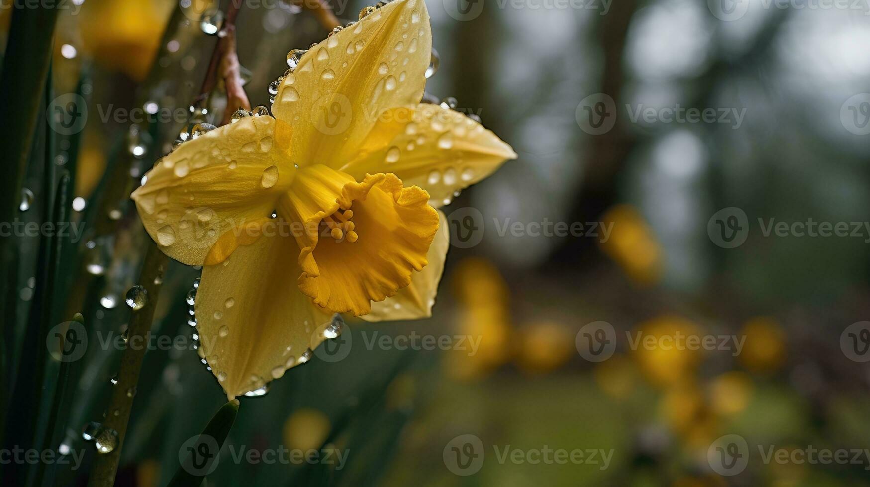 Daffodil flower with water drops. Yellow flowers bloomed after rain.  The perfect image for spring background and flower landscape. AI Generated photo