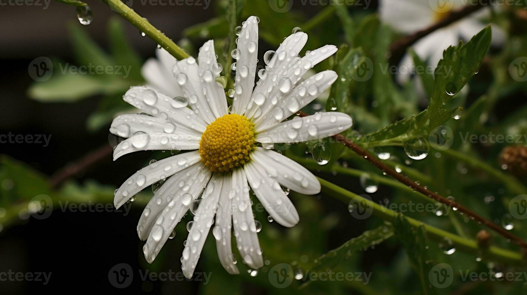 Chamomile daisy flower with water drops on white petals after rain on green blurry background. AI Generated photo