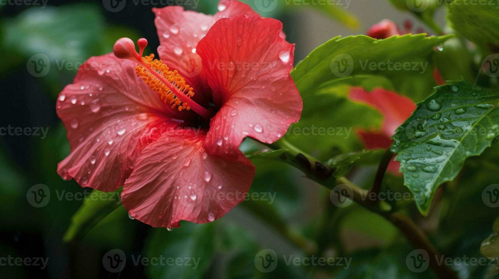 Red hibiscus flower with raindrops on a green background. In the tropical garden. AI Generated photo