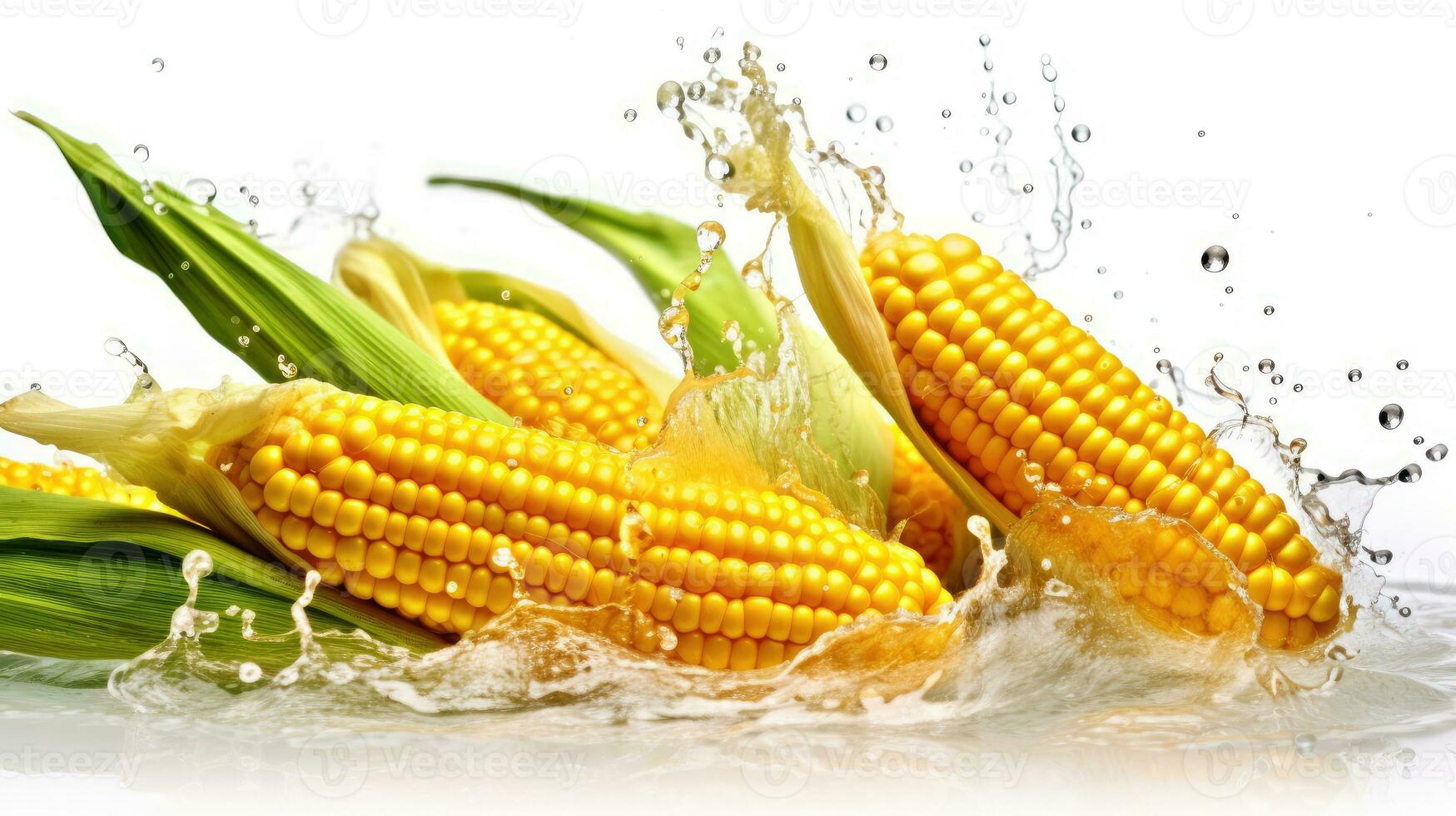 Fresh corn with water splash isolated on white background. AI Generated photo