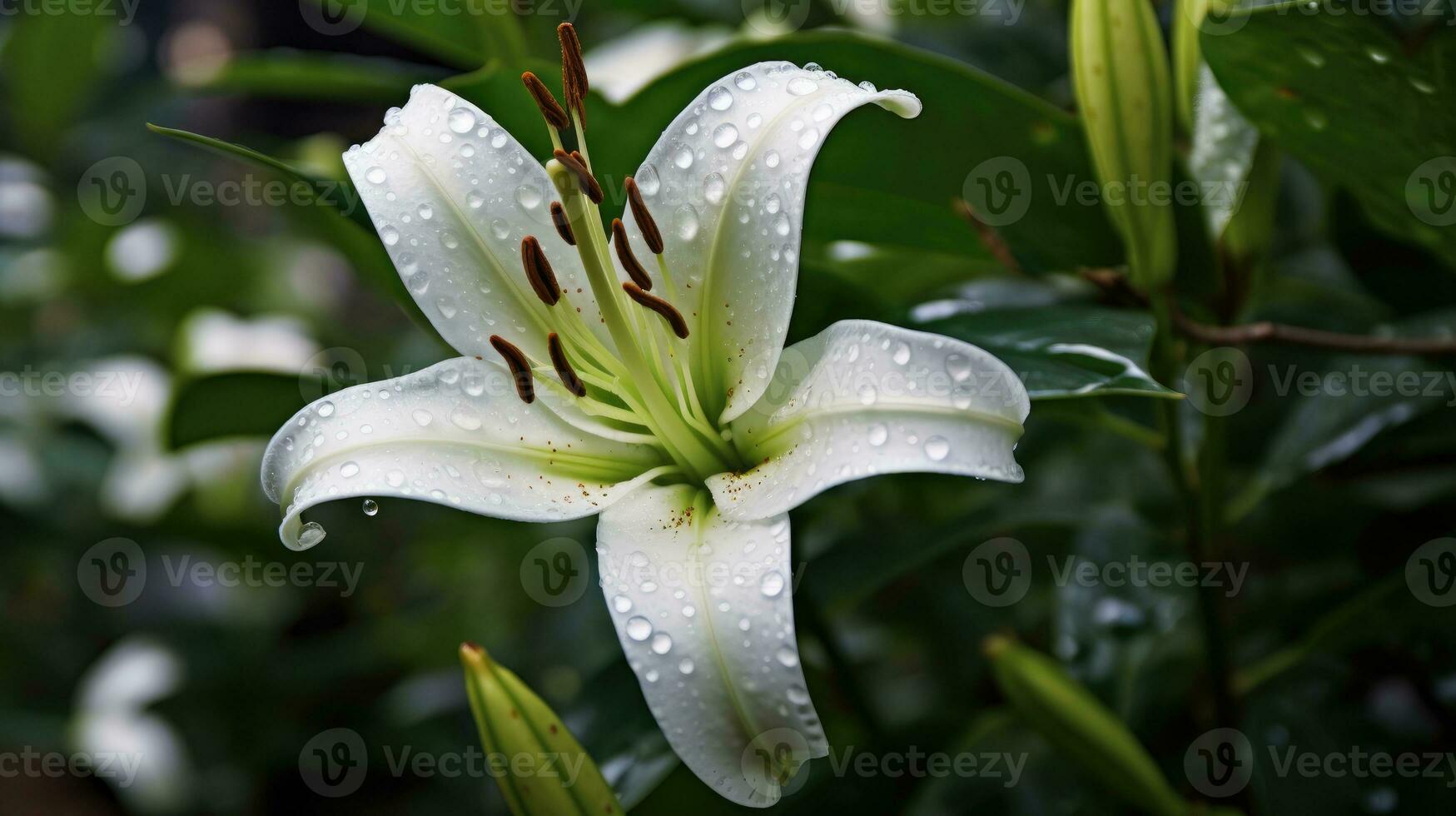 blanco lirios macro fotografía con gotas de lluvia. lilium planta floral fondo de pantalla en un verde antecedentes. ai generado foto