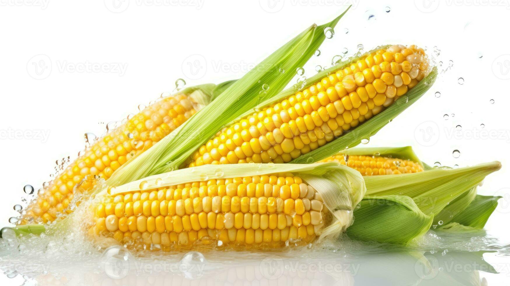 Fresh corn with water splash isolated on white background. AI Generated photo