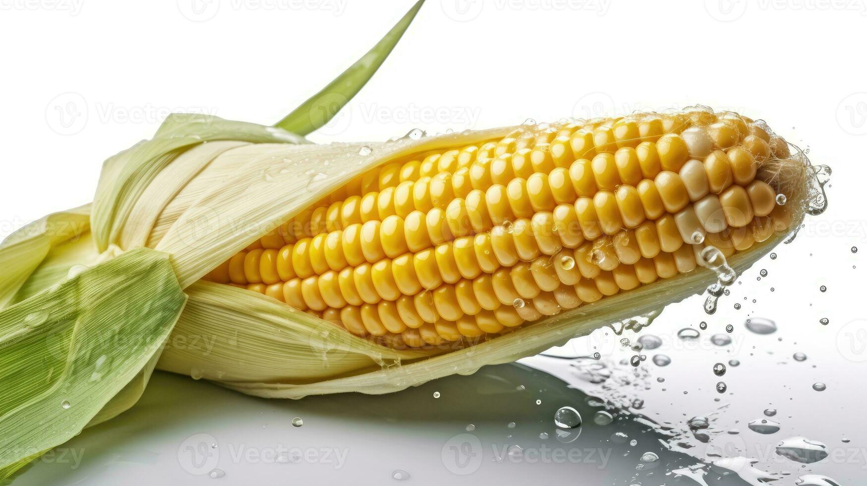Fresh corn with water splash isolated on white background. AI Generated photo