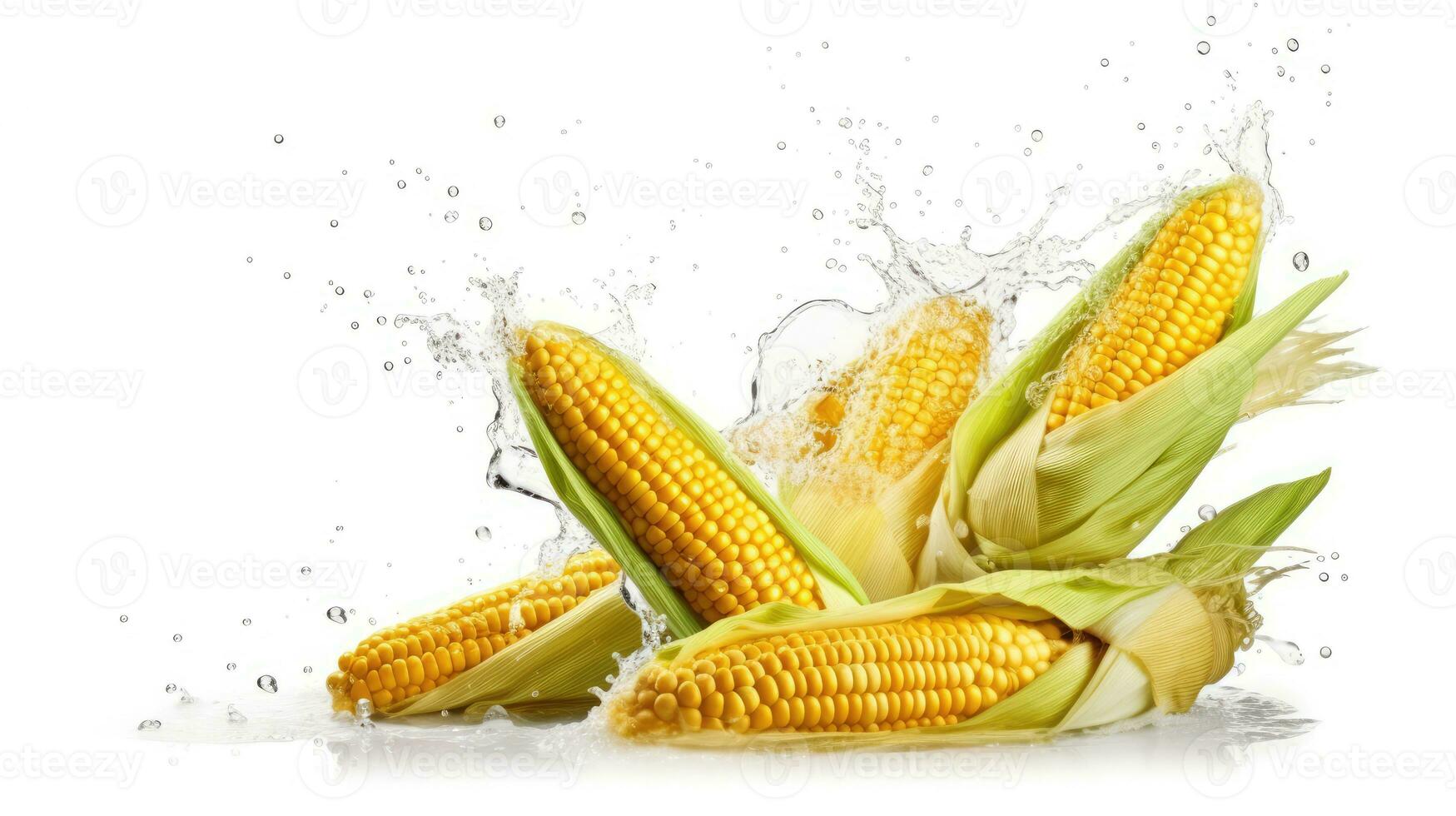 Fresh corn with water splash isolated on white background. AI Generated photo
