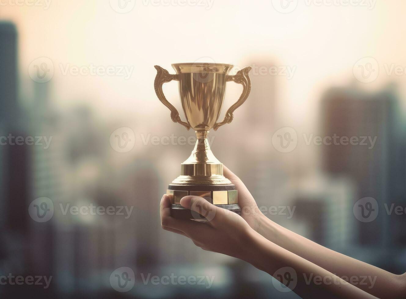 Holding golden trophy cup in hand in front of city background. Golden trophy for winner, success and achievement award in business concept. AI Generated photo