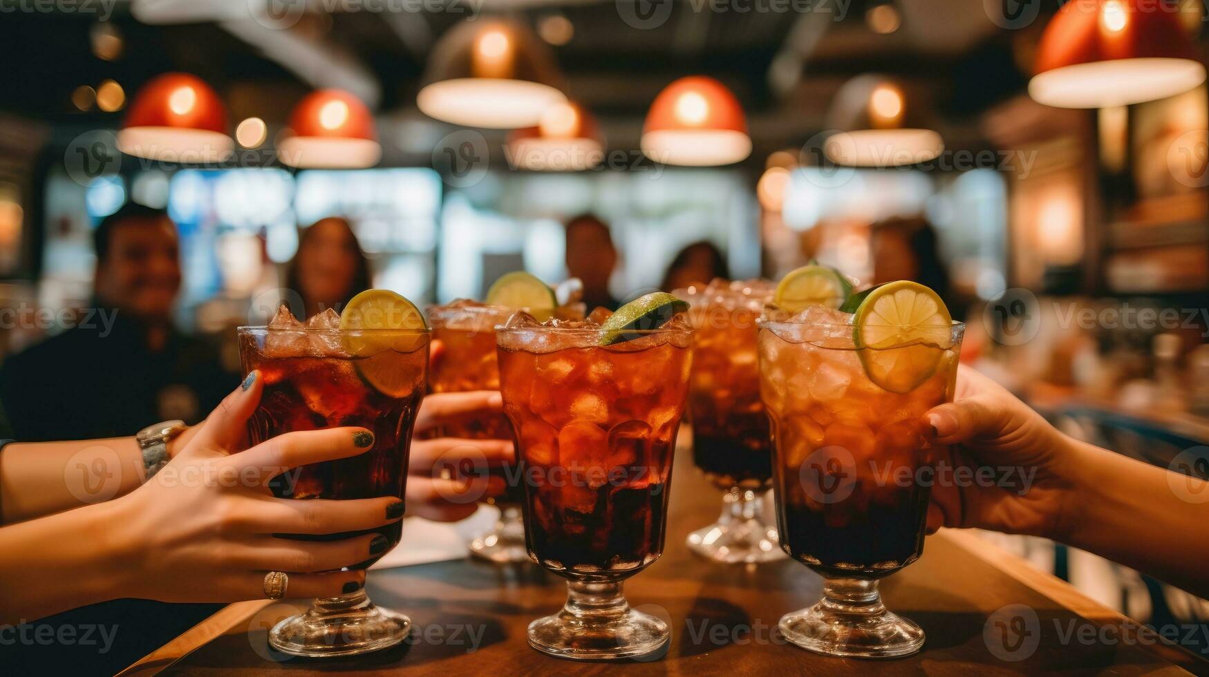 grupo de joven amigos diciendo salud participación tropical mezclado vistoso delicioso Fruta bebidas ai generado foto