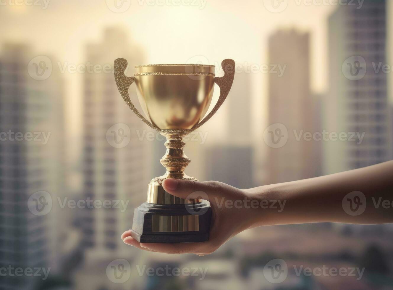 Holding golden trophy cup in hand in front of city background. Golden trophy for winner, success and achievement award in business concept. AI Generated photo