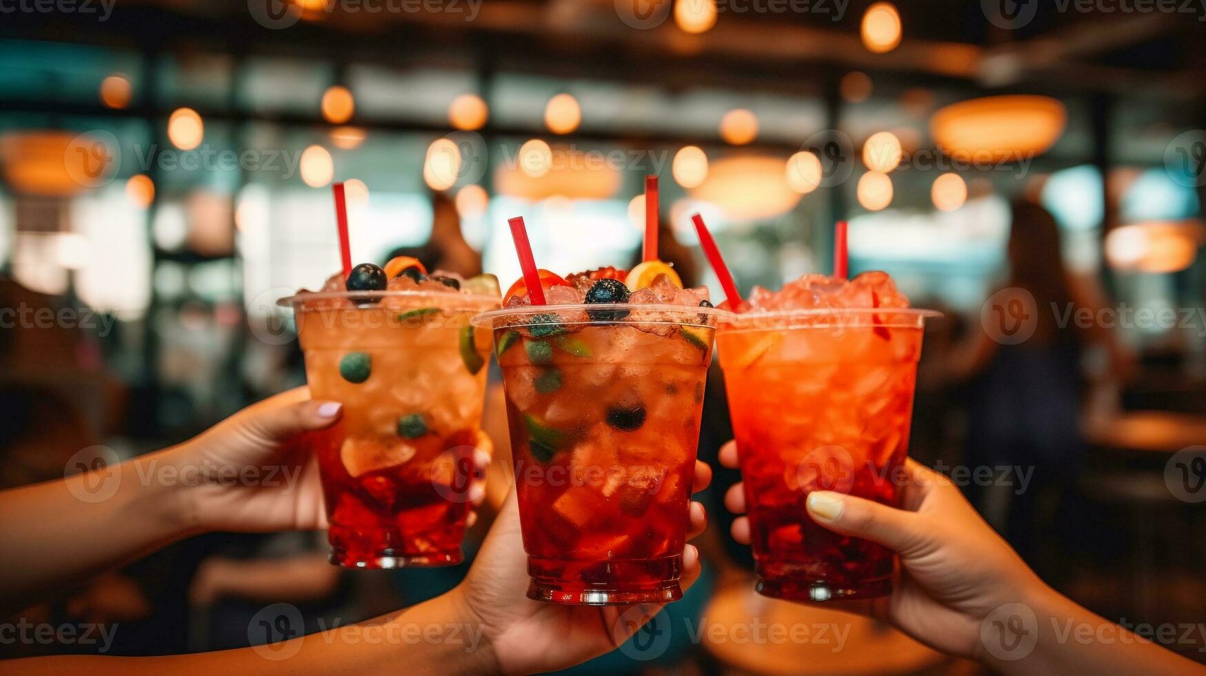 Group of young friends saying cheers holding tropical blended colorful delicious fruit drinks. AI Generated photo