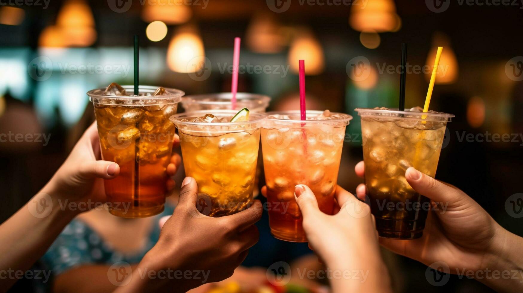 Group of young friends saying cheers holding tropical blended colorful delicious fruit drinks. AI Generated photo
