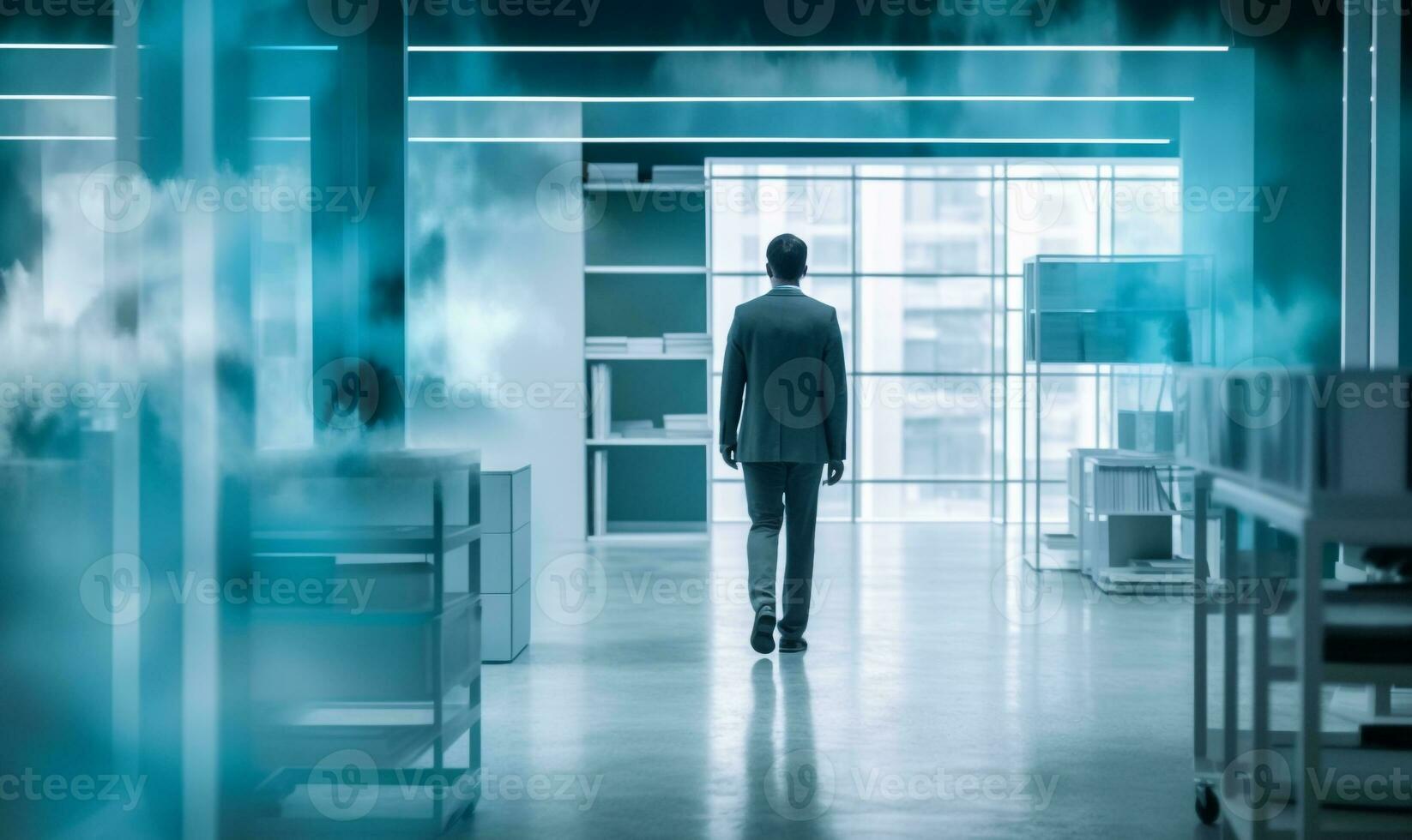 Double exposure image of business people walking on a city office building in background. View from Mirror door glass. AI Generated photo