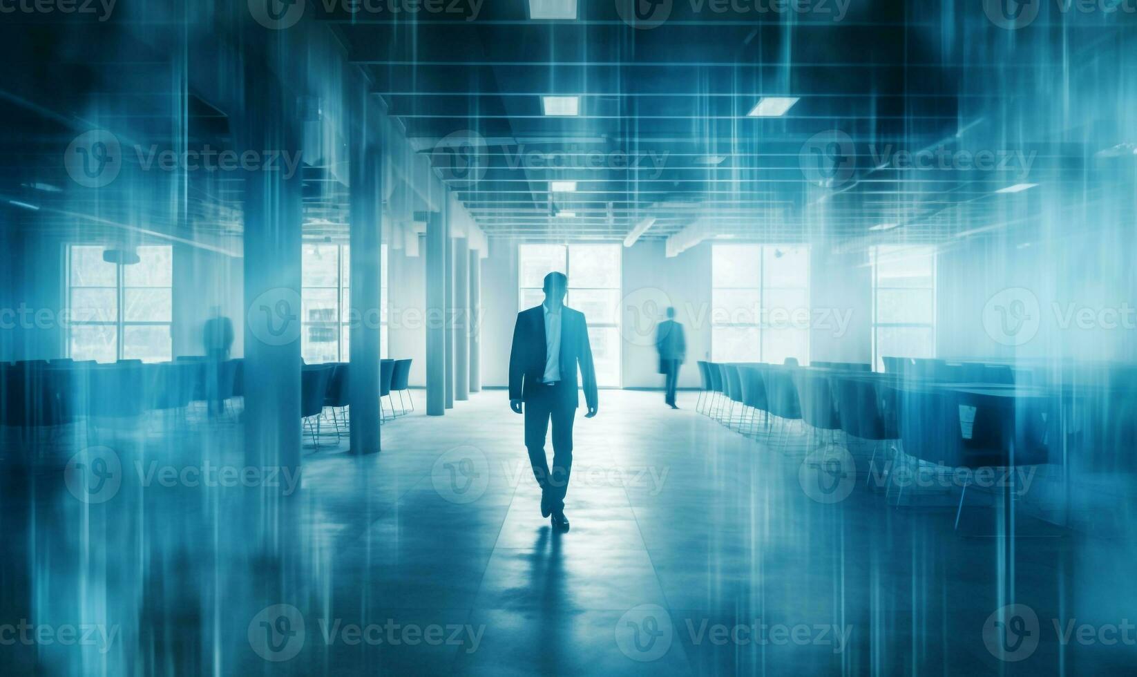 Double exposure image of business people walking on a city office building in background. View from Mirror door glass. AI Generated photo