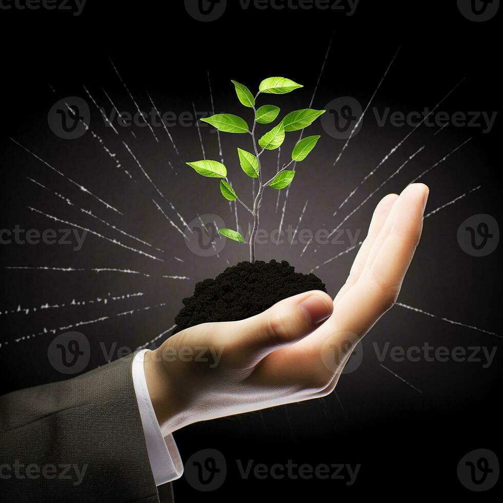 un mano de un empresario participación algunos suelo y un pequeño planta con verde hojas en él. crecimiento con naturaleza. ai generado foto