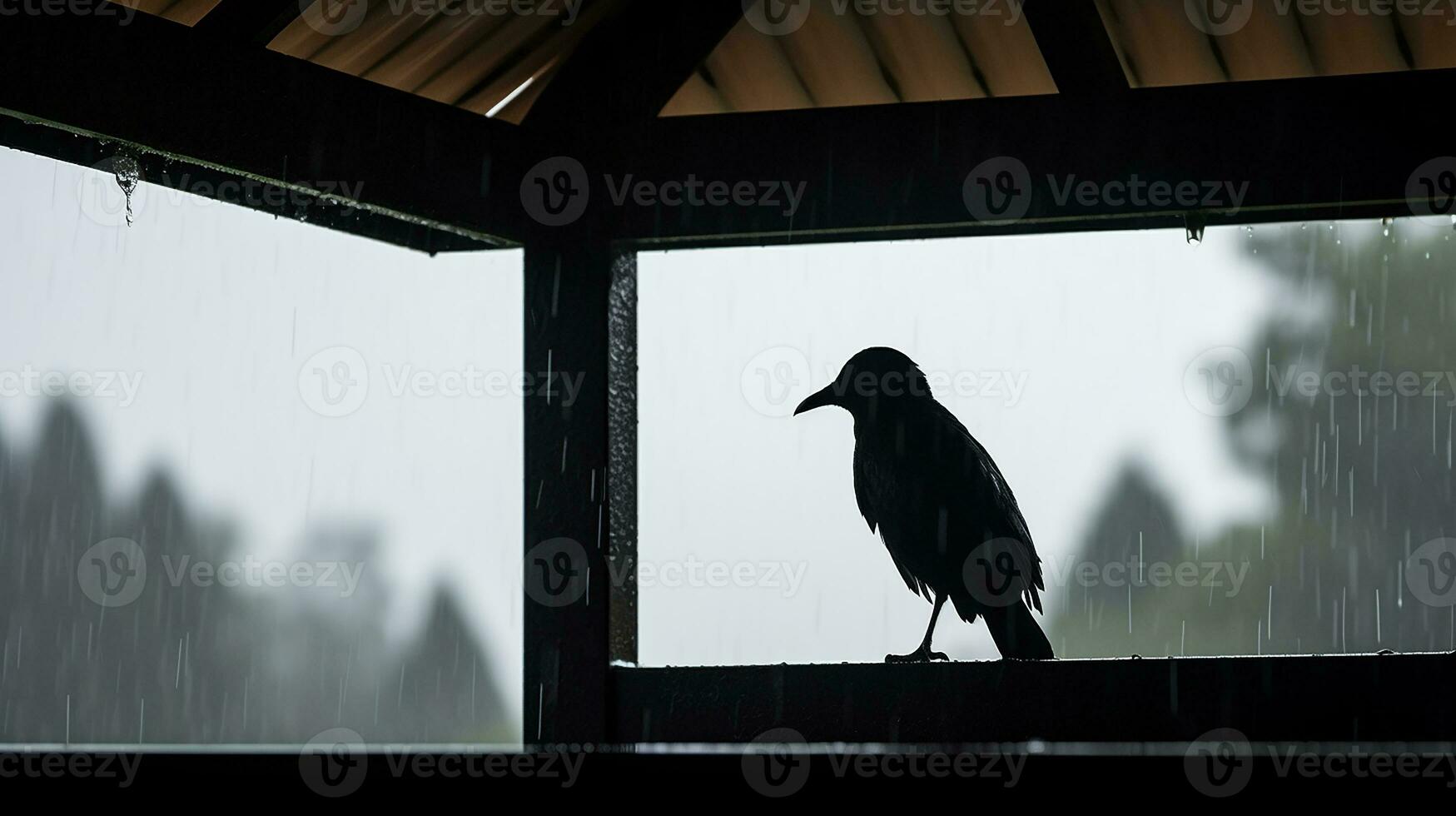 Close-up silhouette of a bird sitting on a shelter during a rain shower. AI Generated photo