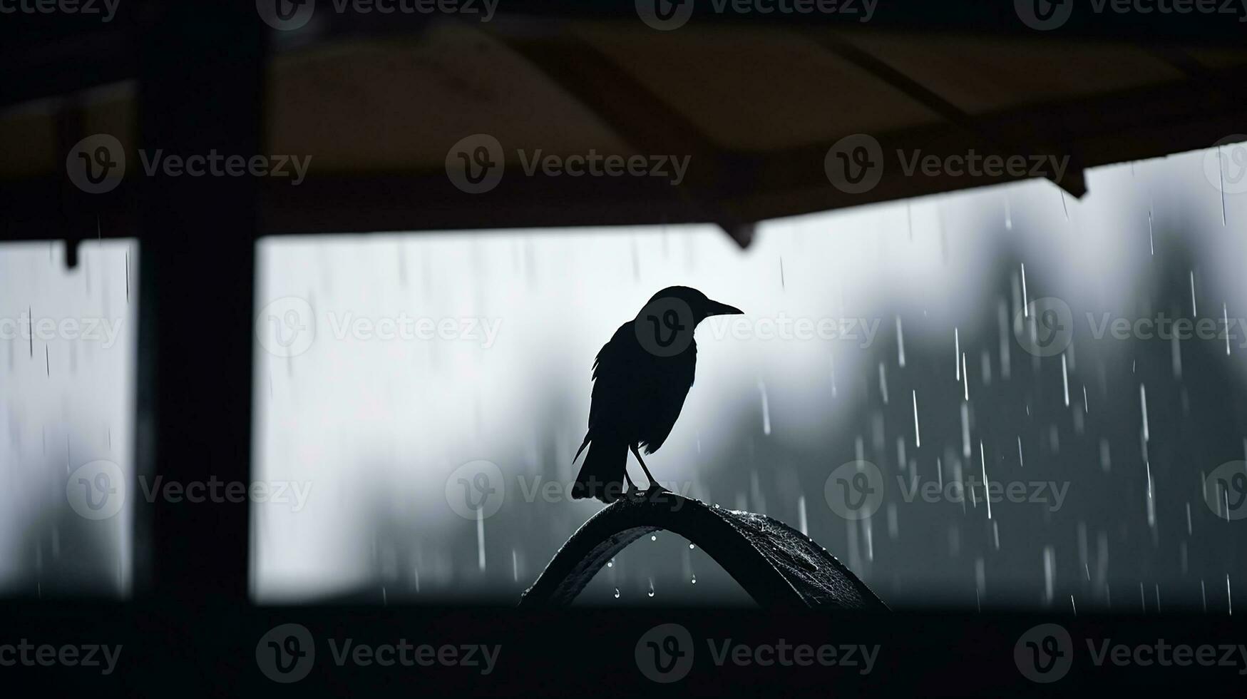 A Bird Sitting on a Shelter During the Rain. Close-up Silhouette Shot. AI Generated photo