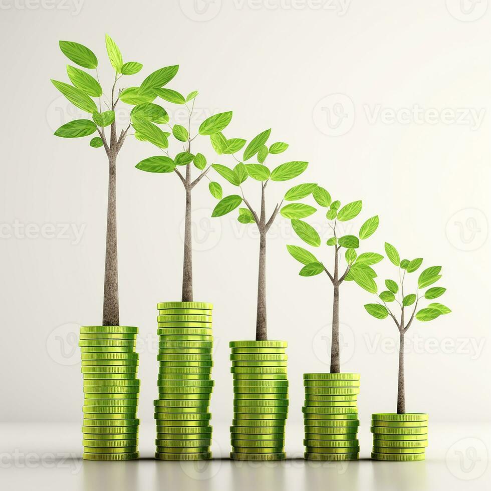 un fila de pilas de verde monedas con un árbol creciente fuera de el cima. ai generado foto