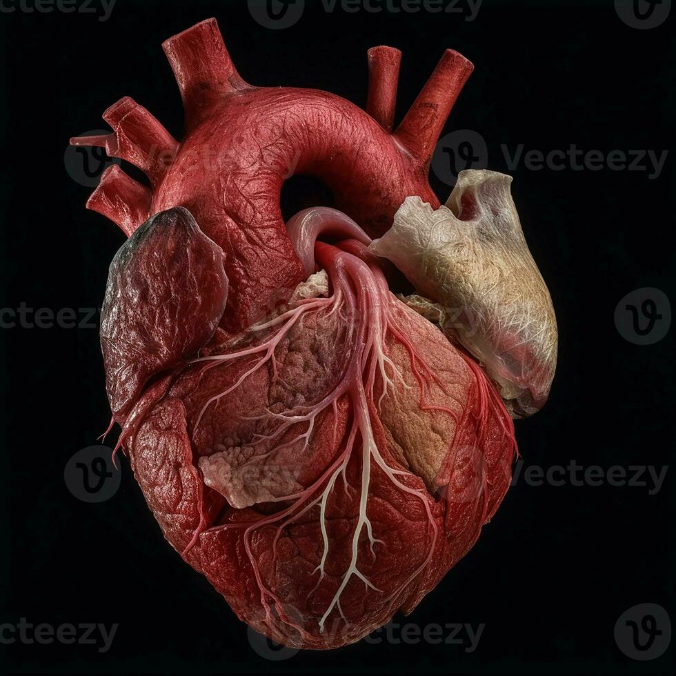 realista humano corazón aislado en oscuro antecedentes. humano anatomía. venoso sistema. ai generado foto