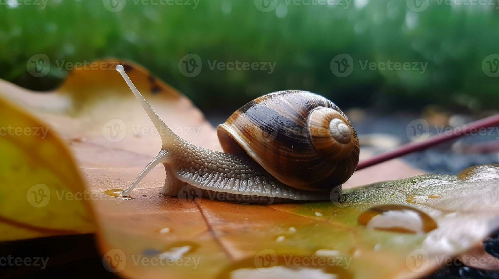 A snail and water drop on a leaf with a green background. Close-up macro photography. AI Generated photo