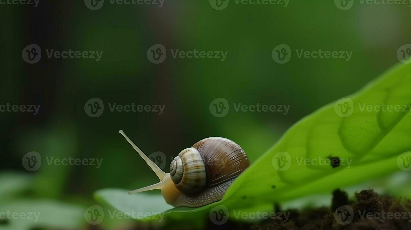 A snail on a leaf with a green leaf in the background Back view Macro shot. AI Generated photo