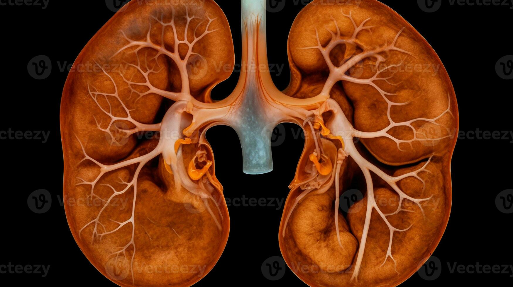 Human kidneys anatomy inside. Internal organ on black background. Urinary system. AI Generated photo