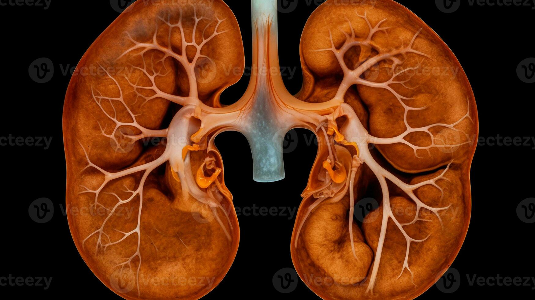 humano riñones anatomía adentro. interno Organo en negro antecedentes. urinario sistema. ai generado foto