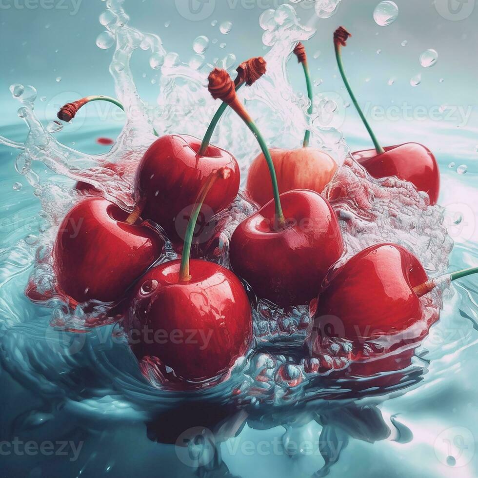 A Group of Cherries Falls Into Fresh Water. Red Color Summer Fruit. AI Generated photo