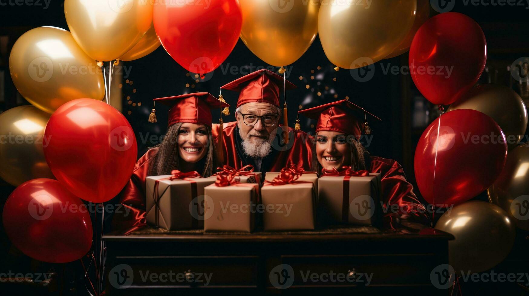 Merry Christmas and Happy Holidays. Cheerful senior man and woman wearing bachelor cap and gowns holding gift boxes. photo