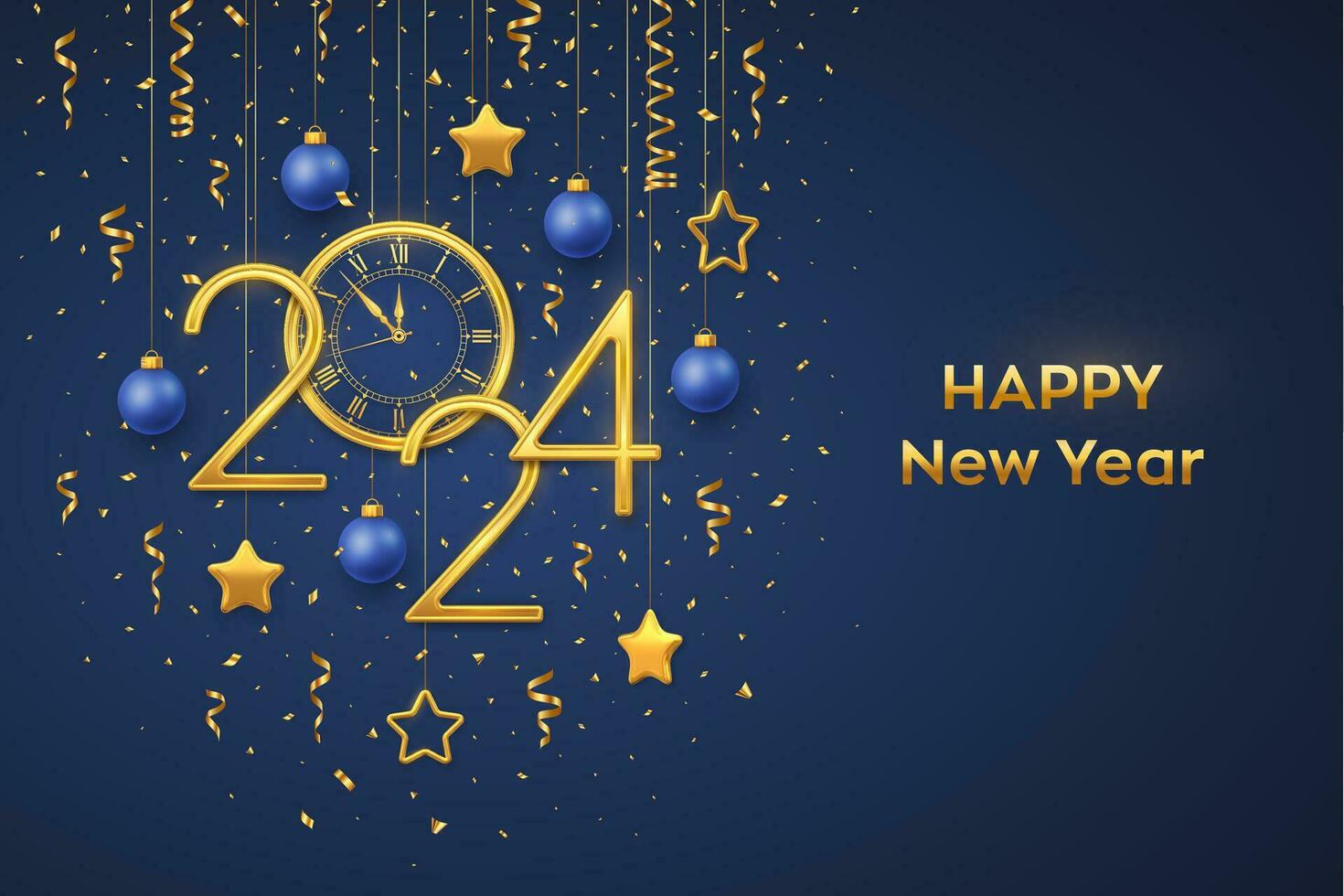 Happy New Year 2024. Gold metallic numbers 2024 and watch with Roman numeral and countdown midnight, eve for New Year. Hanging golden stars and balls on blue background. Realistic vector illustration.