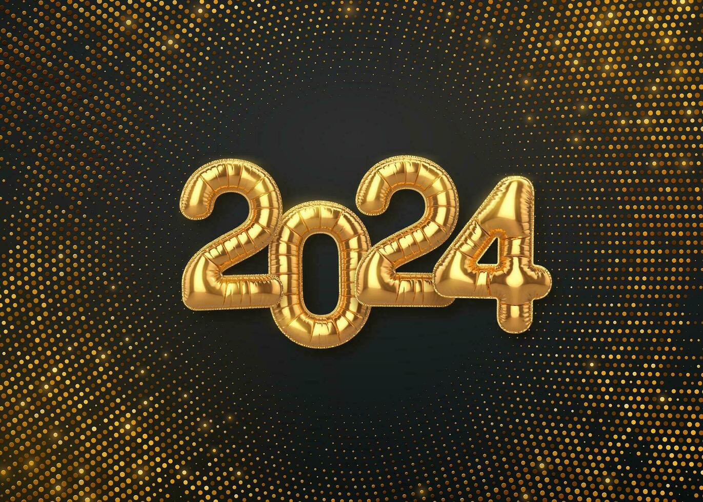 Happy New Year 2024. Golden balloon numbers 2024 on shimmering background. High detailed 3D realistic gold foil helium balloons. Bursting backdrop with glitters. Festive banner. Vector illustration.