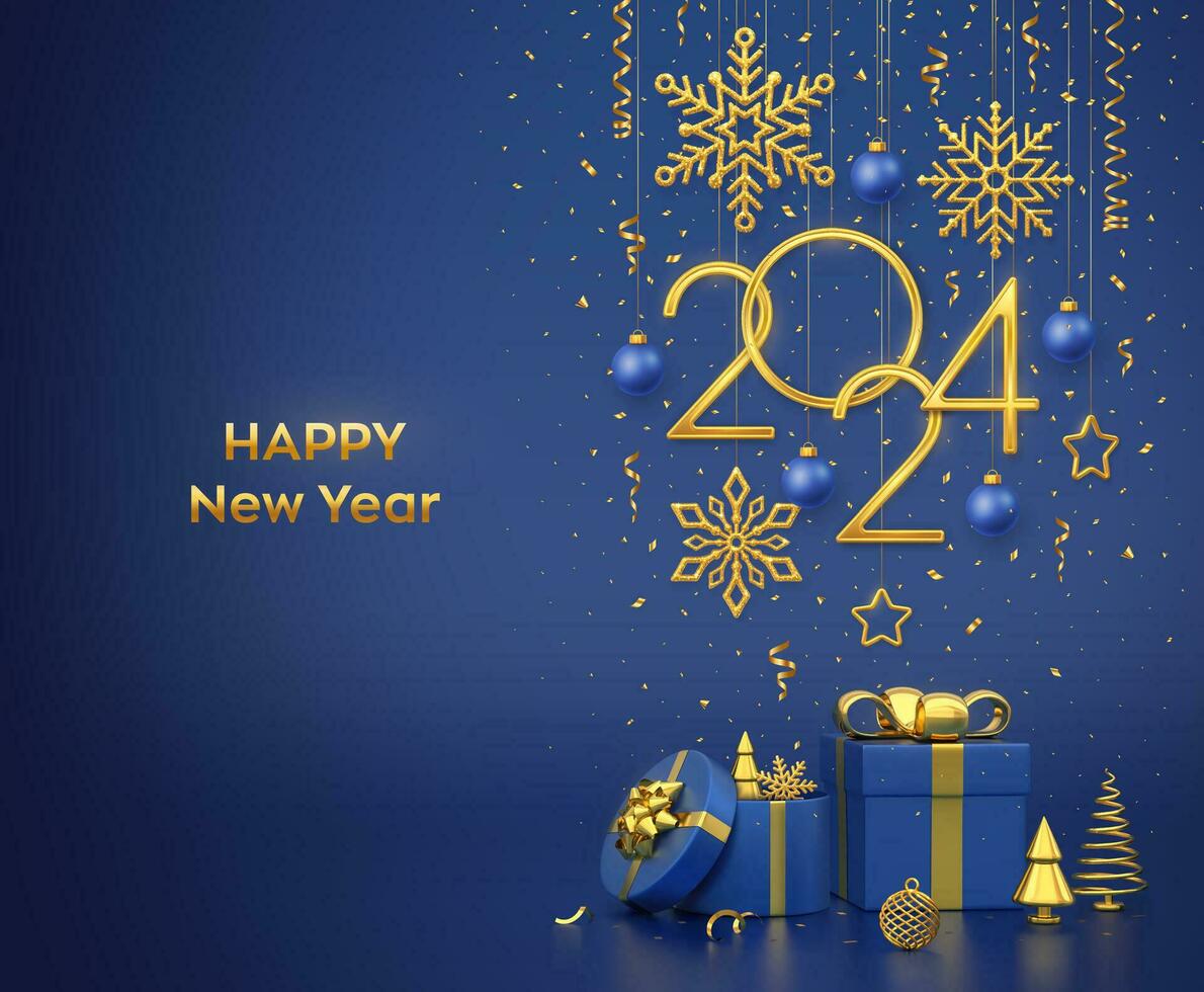Happy New Year 2024. Hanging golden metallic numbers 2024 with stars, balls and confetti on blue background. Gift boxes and golden metallic pine or fir, cone shape spruce trees. Vector illustration.